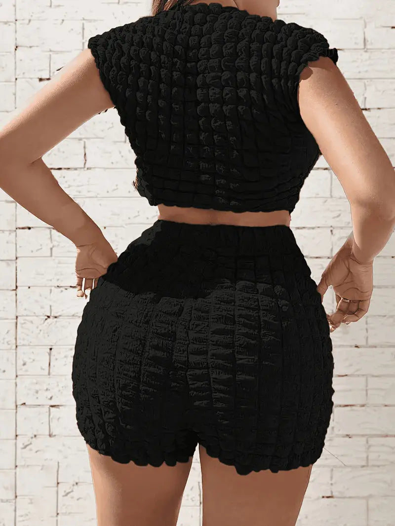 Ensemble Chic de Top Court et Shorts Couleur Popcorn - Taille Haute, Mélange de Polyester Extensible, Lavable en Machine - Idéal pour le Printemps/Été