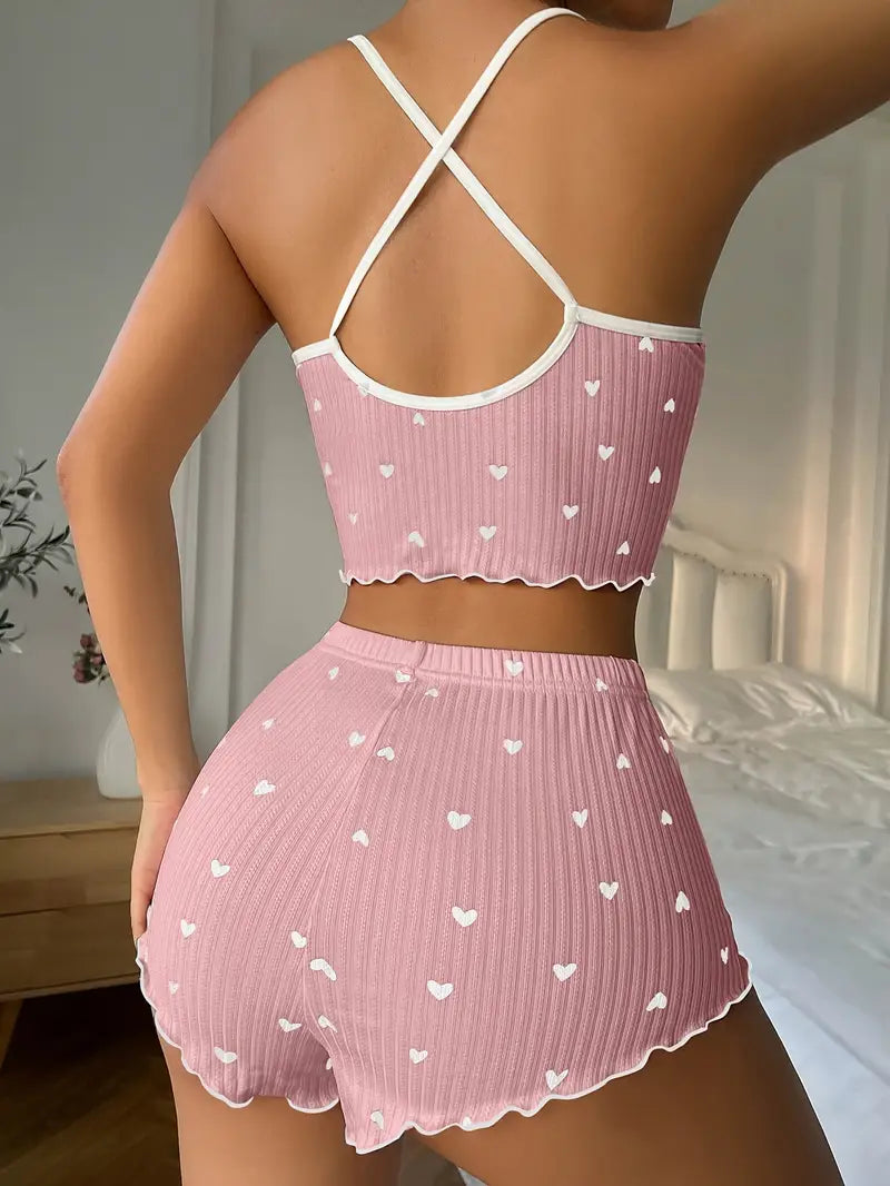 Women's Heart Print Ribbed Pajama Set - Crop Top & Shorts