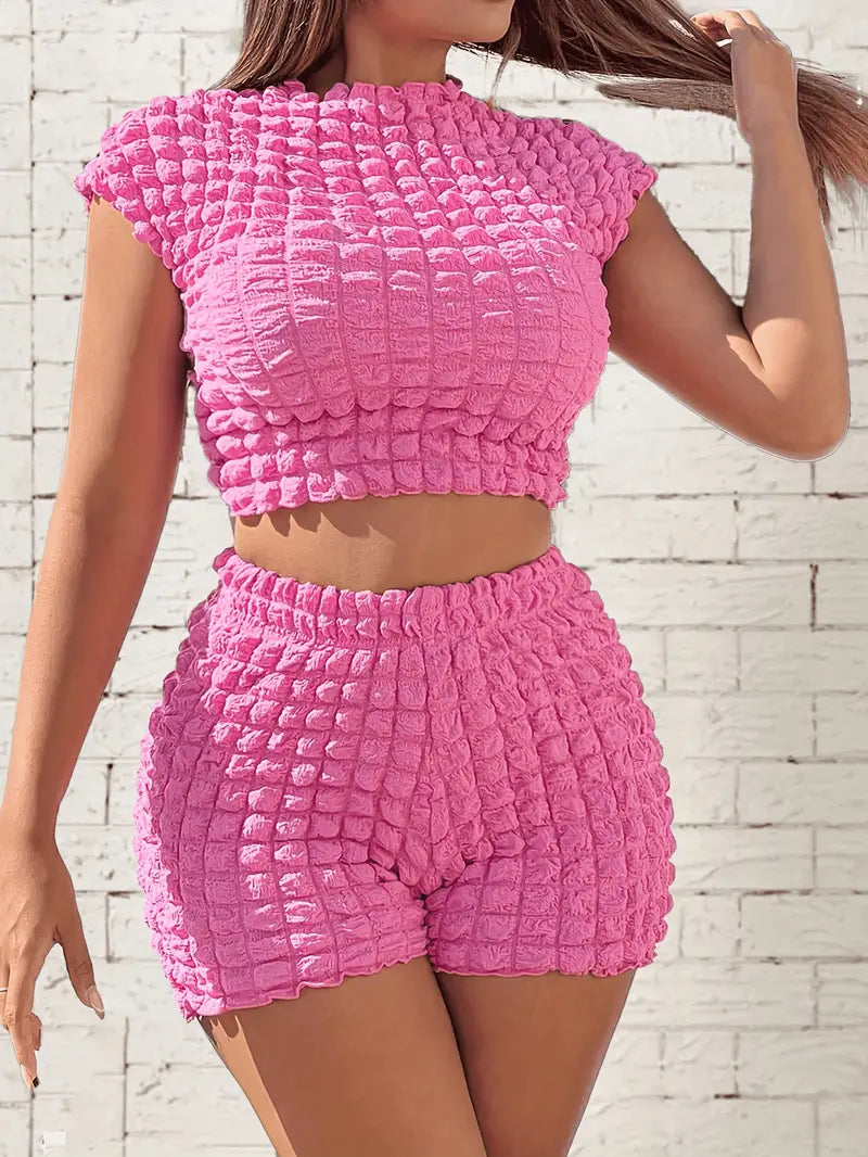 Ensemble Chic de Top Court et Shorts Couleur Popcorn - Taille Haute, Mélange de Polyester Extensible, Lavable en Machine - Idéal pour le Printemps/Été