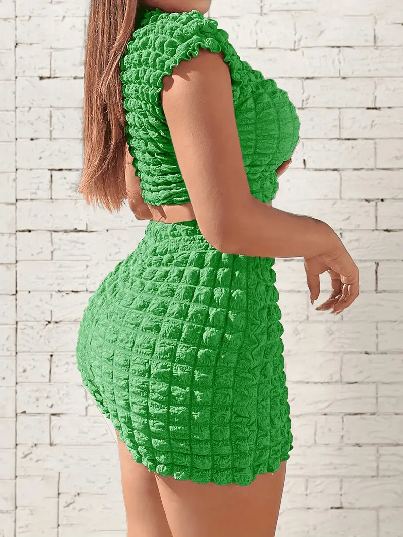 Ensemble Chic de Top Court et Shorts Couleur Popcorn - Taille Haute, Mélange de Polyester Extensible, Lavable en Machine - Idéal pour le Printemps/Été