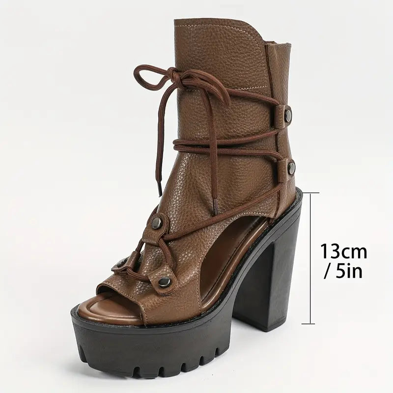 Bottes à lacets ouvertes à bout ouvert pour femmes - Talon haut en microfibre avec fermeture éclair et semelle en PU - Bottes de couleur unie polyvalentes pour tenue décontractée ou de soirée
