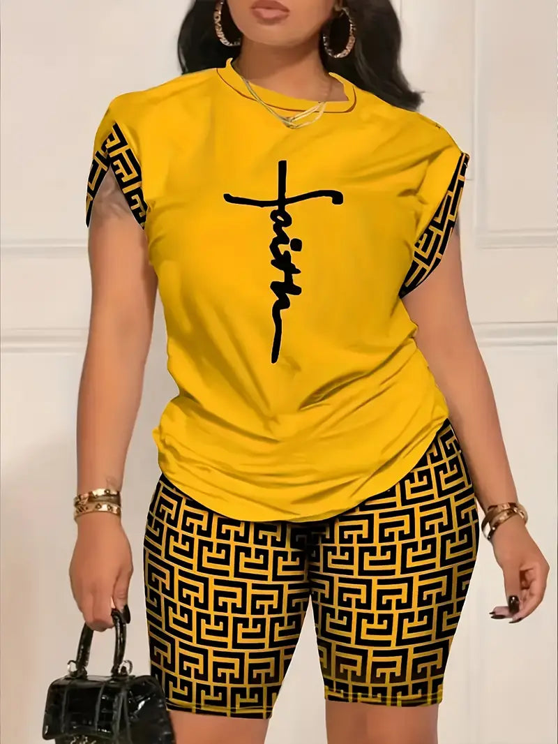 11293 Nouveau Ensemble de Shorts Imprimés à Col Rond pour Femmes Mode Européenne et Américaine Printemps/Été Jaune/Taille de l'étiquette : M