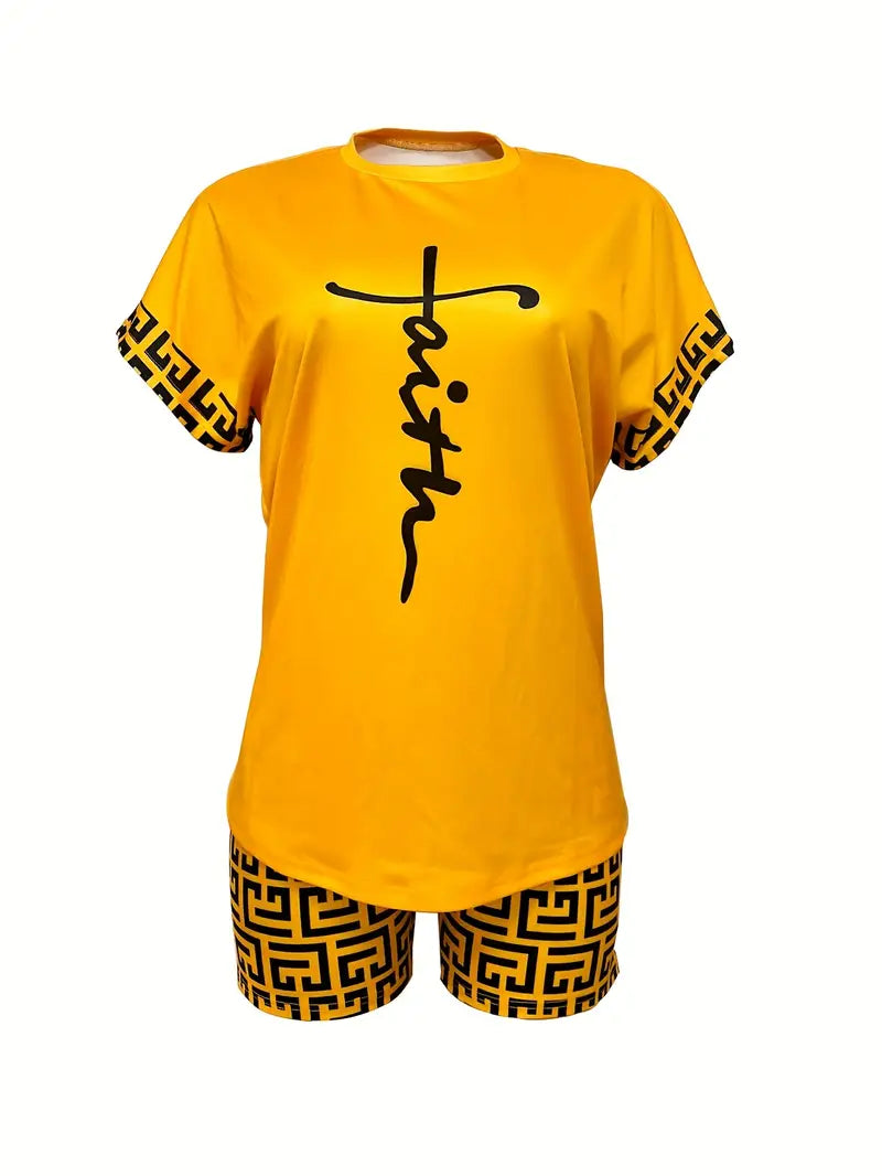 11293 Nouveau Ensemble de Shorts Imprimés à Col Rond pour Femmes Mode Européenne et Américaine Printemps/Été Jaune/Taille de l'étiquette : M