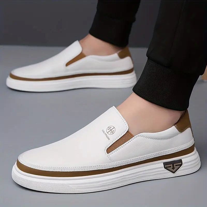 Men's Elegant Loafers - White with Brown & Gold Accents