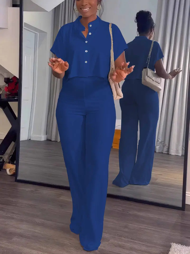 Women's Summer 2-Piece Set - Button Crop Top & Wide Leg Pants