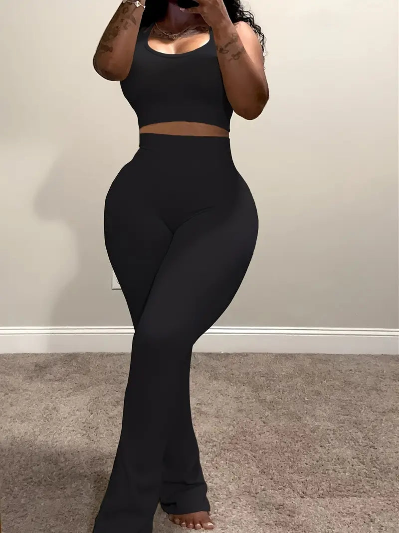 Women's Casual 2-Piece Set - Strap Crop Top & High Waist Flare Pants