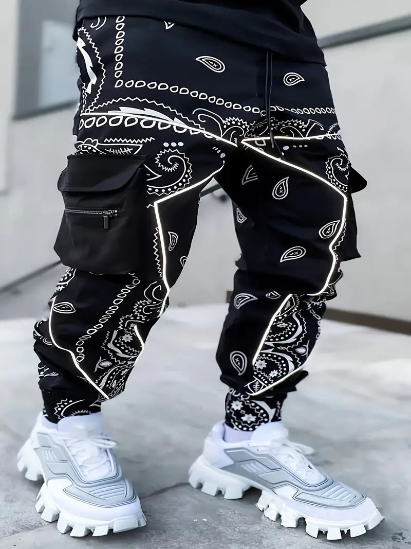 Men's Geometric Print Cargo Pants - Loose Fit Athletic Joggers