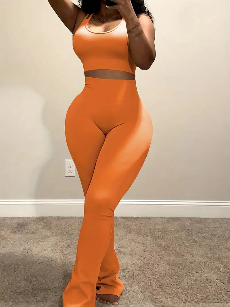 Women's Casual 2-Piece Set - Strap Crop Top & High Waist Flare Pants
