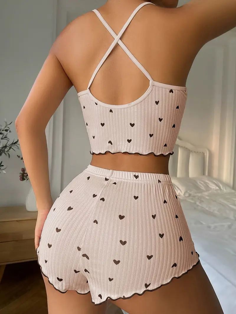 Women's Heart Print Ribbed Pajama Set - Crop Top & Shorts