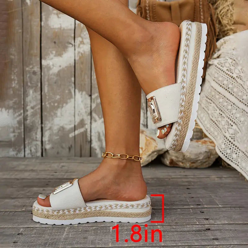 Women's Platform Beach Sandals with Grass Trim Detail