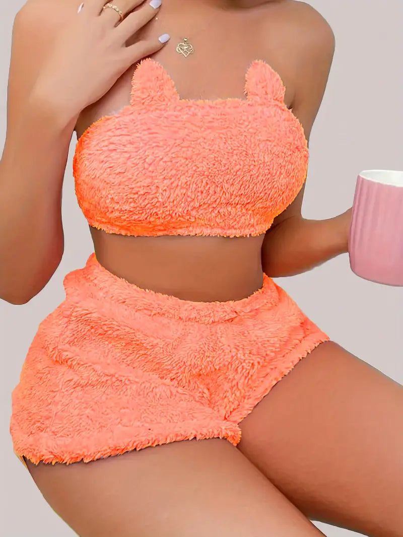 Ensemble de détente en peluche solide et sexy, haut court tube et short élastique, vêtements de détente pour femmes pour l'automne et l'hiver