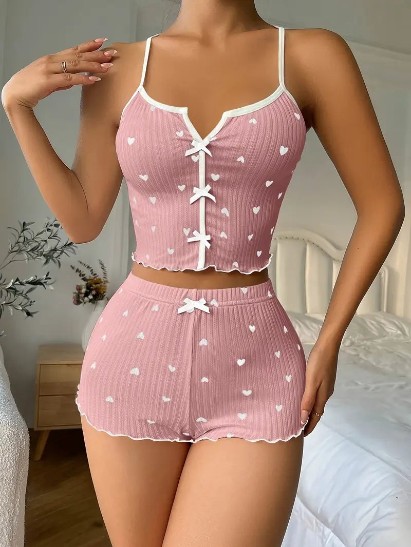 Women's Heart Print Ribbed Pajama Set - Crop Top & Shorts