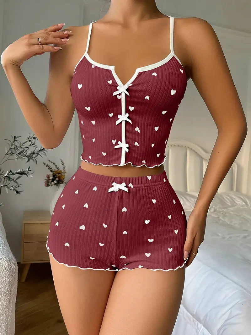 Women's Heart Print Ribbed Pajama Set - Crop Top & Shorts