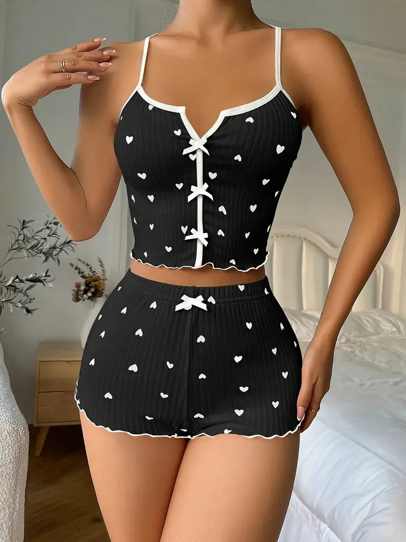 Women's Heart Print Ribbed Pajama Set - Crop Top & Shorts
