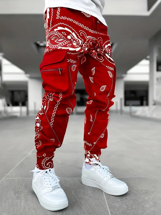 Men's Geometric Print Cargo Pants - Loose Fit Athletic Joggers