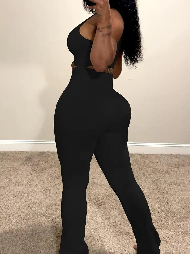 Women's Casual 2-Piece Set - Strap Crop Top & High Waist Flare Pants