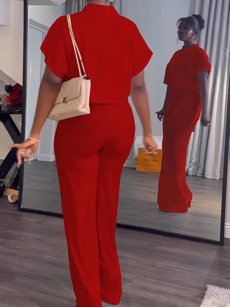 Women's Summer 2-Piece Set - Button Crop Top & Wide Leg Pants
