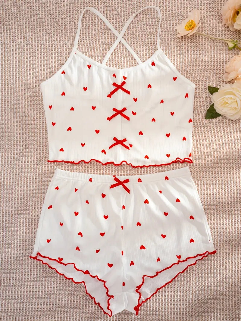 Women's Heart Print Ribbed Pajama Set - Crop Top & Shorts