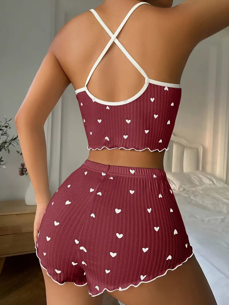 Women's Heart Print Ribbed Pajama Set - Crop Top & Shorts