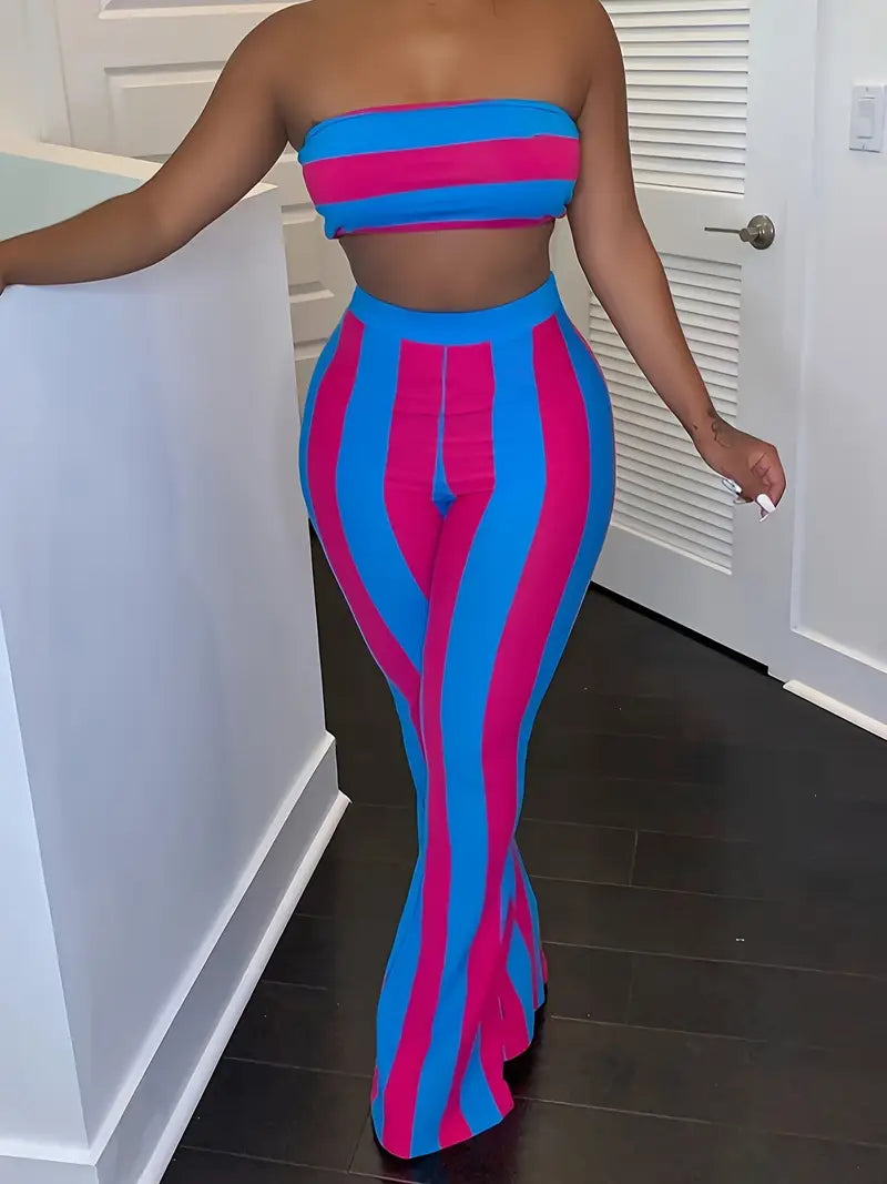 Women's Striped Tube Top & Flare Pants Set