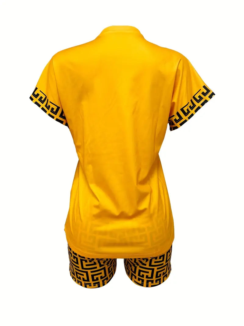 11293 Nouveau Ensemble de Shorts Imprimés à Col Rond pour Femmes Mode Européenne et Américaine Printemps/Été Jaune/Taille de l'étiquette : M
