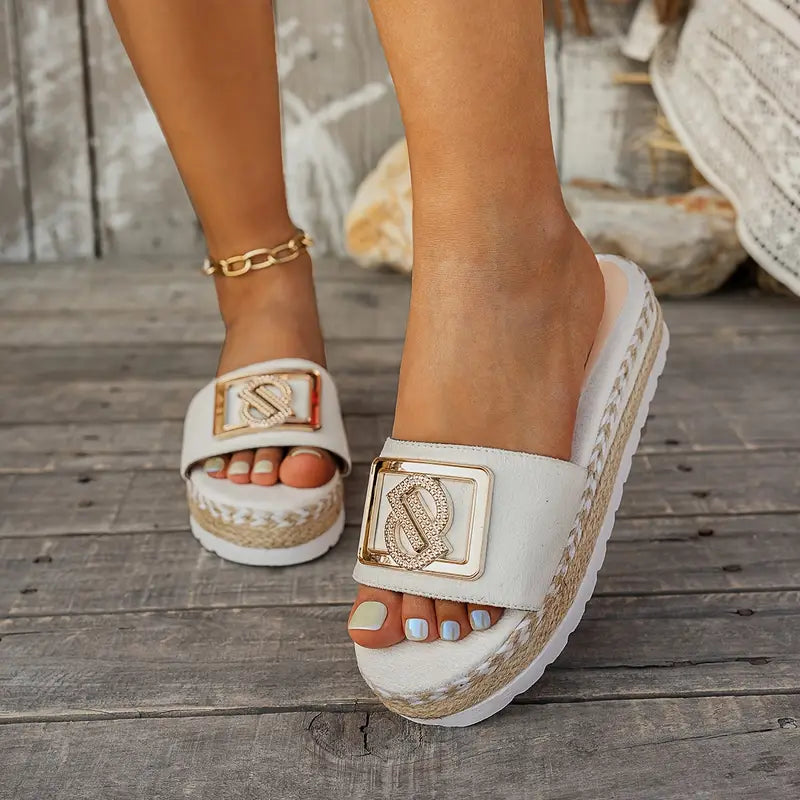 Women's Platform Beach Sandals with Grass Trim Detail