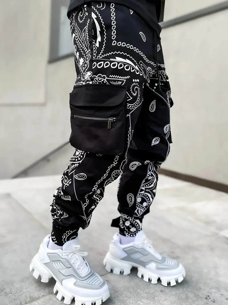 Men's Geometric Print Cargo Pants - Loose Fit Athletic Joggers
