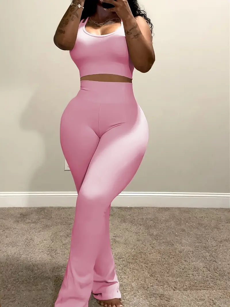 Women's Casual 2-Piece Set - Strap Crop Top & High Waist Flare Pants