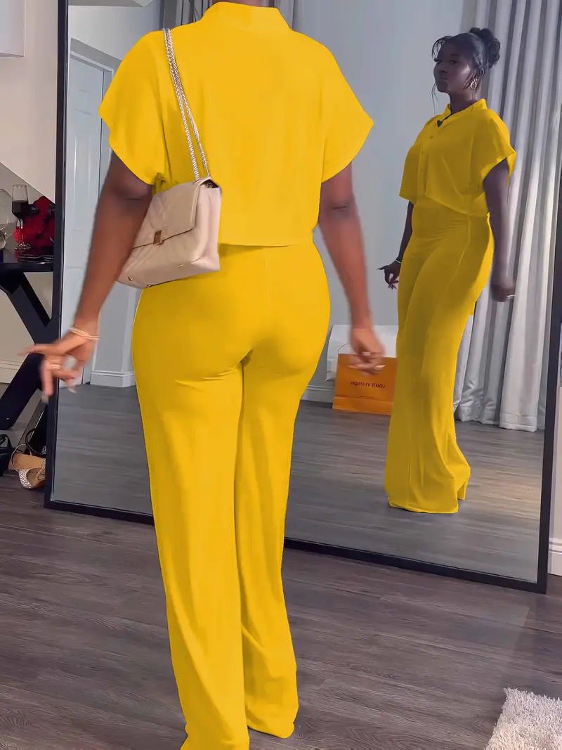 Women's Summer 2-Piece Set - Button Crop Top & Wide Leg Pants