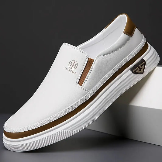 Men's Elegant Loafers - White with Brown & Gold Accents