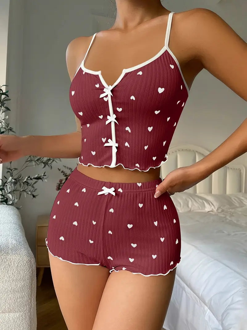 Women's Heart Print Ribbed Pajama Set - Crop Top & Shorts