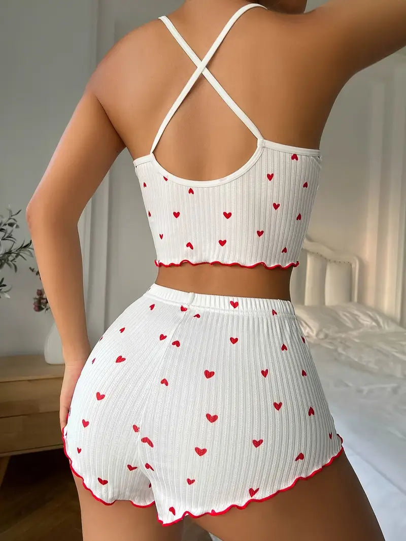 Women's Heart Print Ribbed Pajama Set - Crop Top & Shorts
