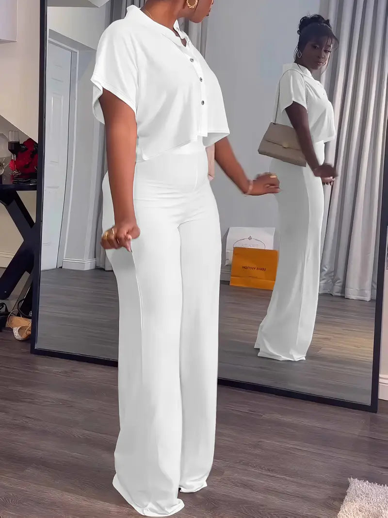 Women's Summer 2-Piece Set - Button Crop Top & Wide Leg Pants