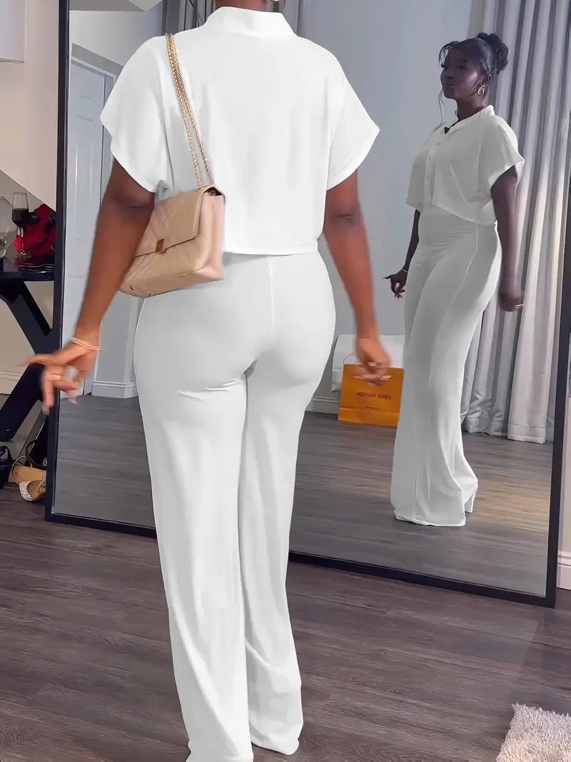 Women's Summer 2-Piece Set - Button Crop Top & Wide Leg Pants