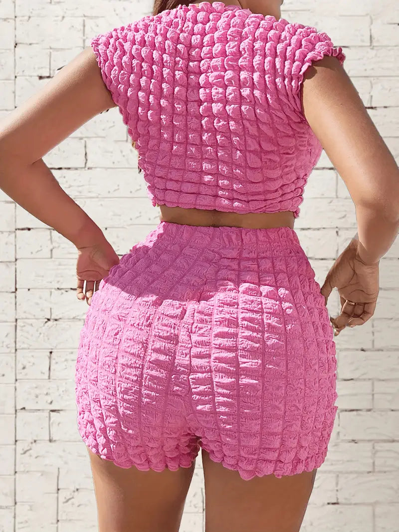 Ensemble Chic de Top Court et Shorts Couleur Popcorn - Taille Haute, Mélange de Polyester Extensible, Lavable en Machine - Idéal pour le Printemps/Été