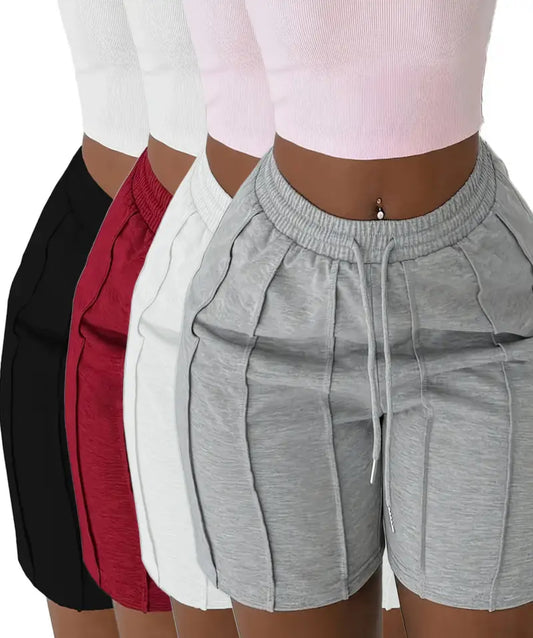 Ensemble de 4 shorts décontractés pour femmes avec taille élastique et cordon de serrage, poches latérales - Shorts de détente de couleur unie pour le printemps, l'été et l'automne, lavables en machine (noir/blanc/rouge/gris), vêtements de saison, design