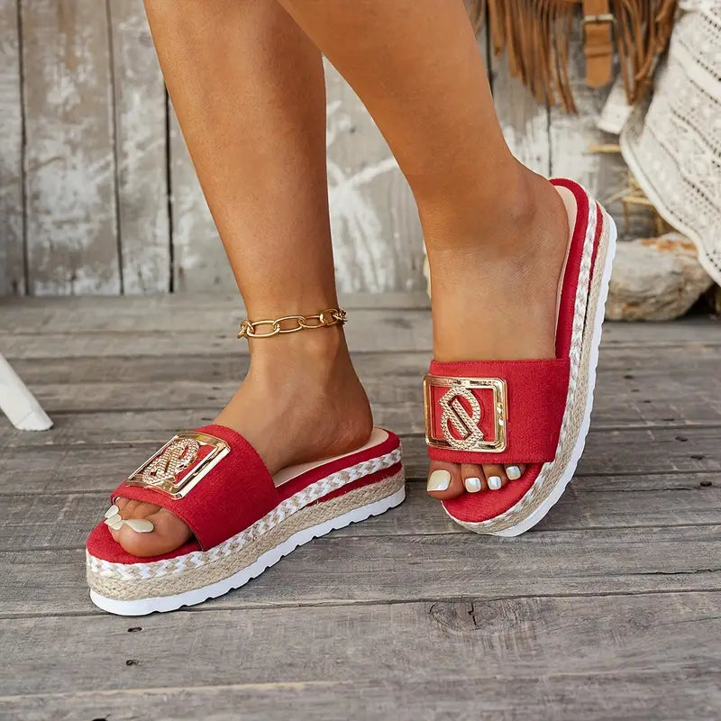 Women's Platform Beach Sandals with Grass Trim Detail