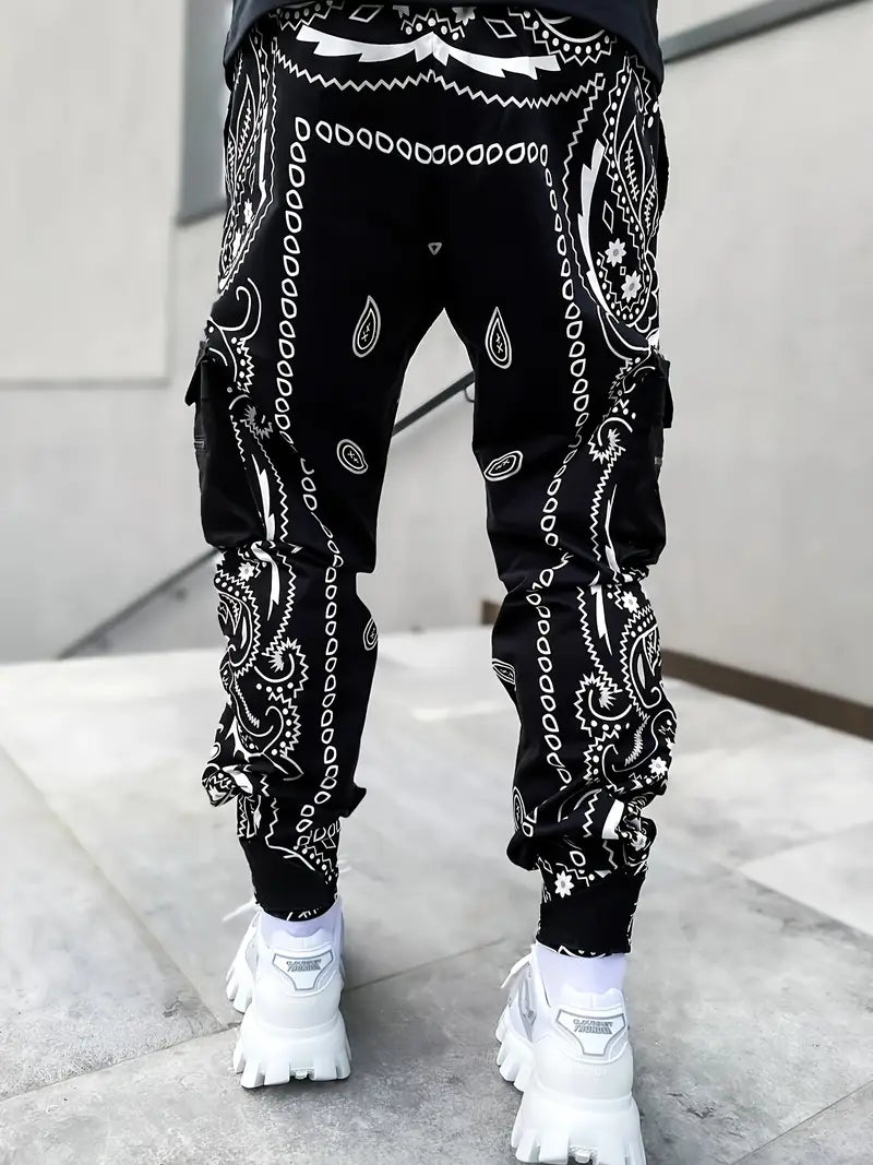 Men's Geometric Print Cargo Pants - Loose Fit Athletic Joggers