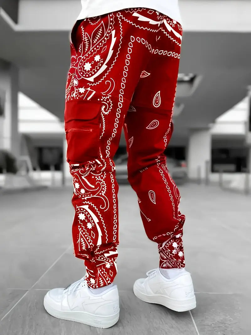 Men's Geometric Print Cargo Pants - Loose Fit Athletic Joggers