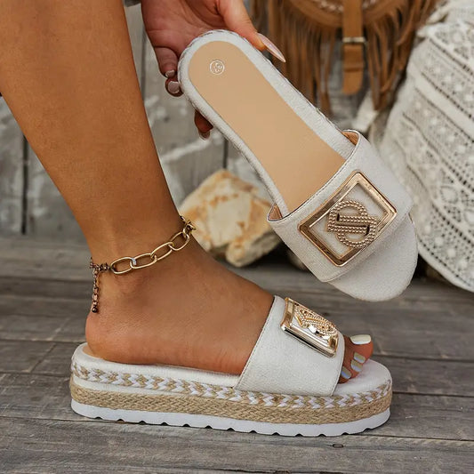 Women's Platform Beach Sandals with Grass Trim Detail