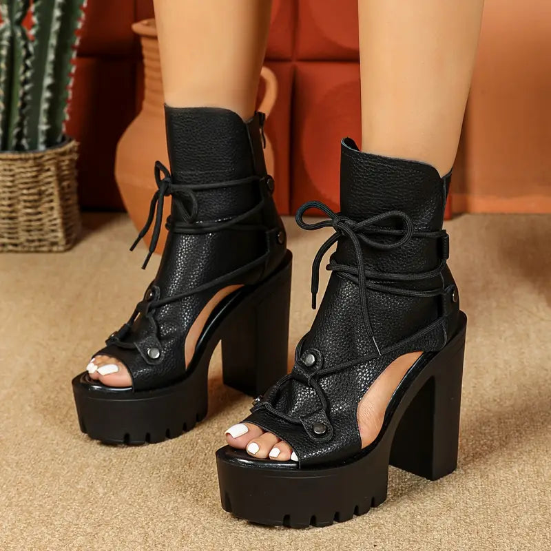 Bottes à lacets ouvertes à bout ouvert pour femmes - Talon haut en microfibre avec fermeture éclair et semelle en PU - Bottes de couleur unie polyvalentes pour tenue décontractée ou de soirée