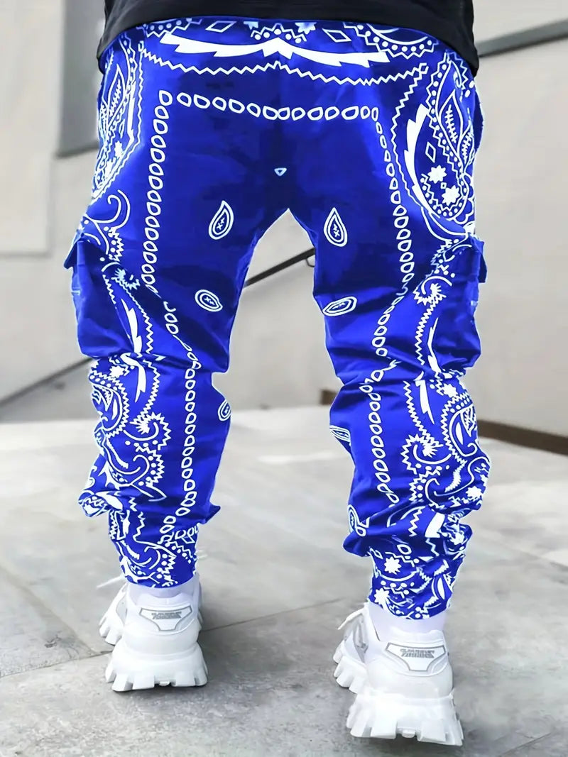 Men's Geometric Print Cargo Pants - Loose Fit Athletic Joggers