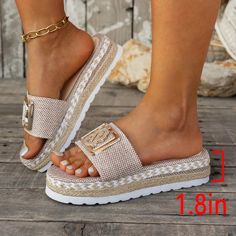 Women's Platform Beach Sandals with Grass Trim Detail