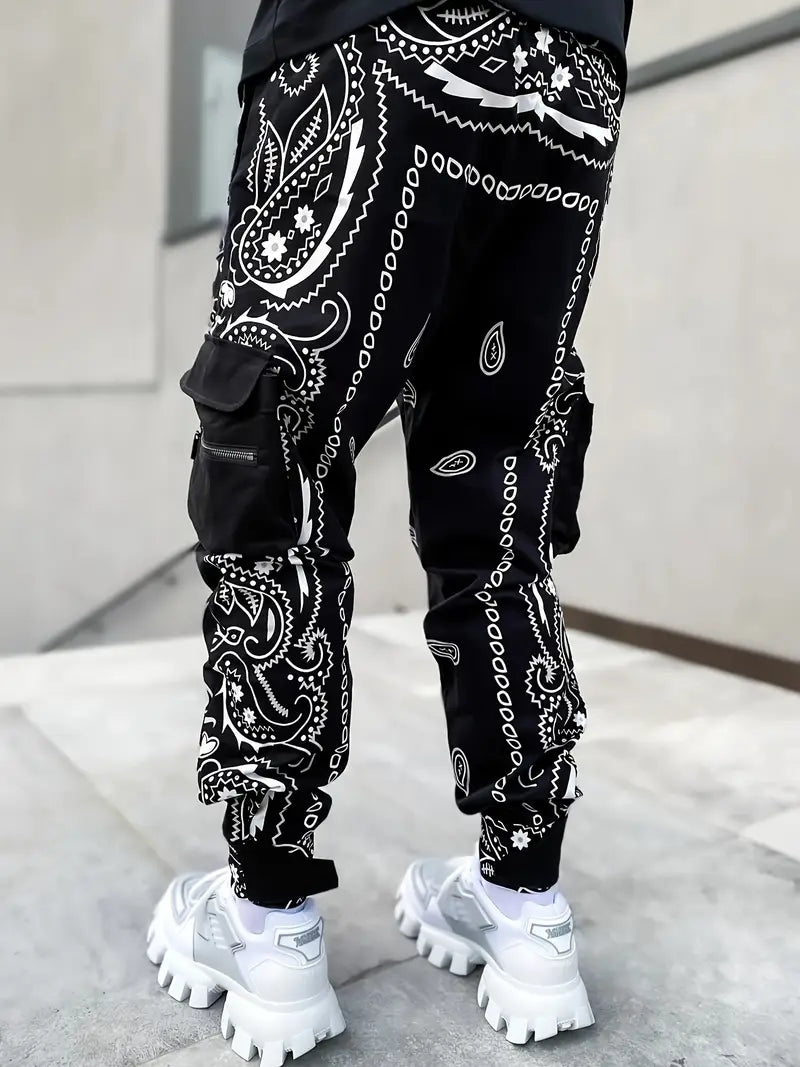 Men's Geometric Print Cargo Pants - Loose Fit Athletic Joggers