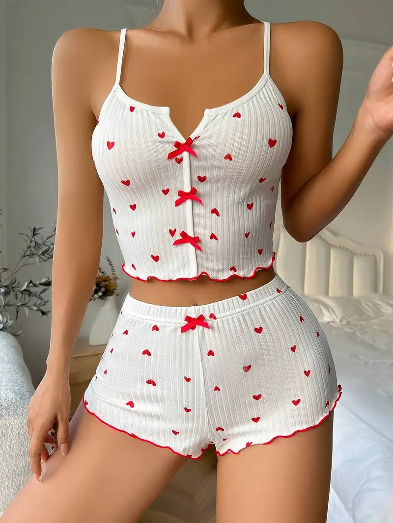 Women's Heart Print Ribbed Pajama Set - Crop Top & Shorts