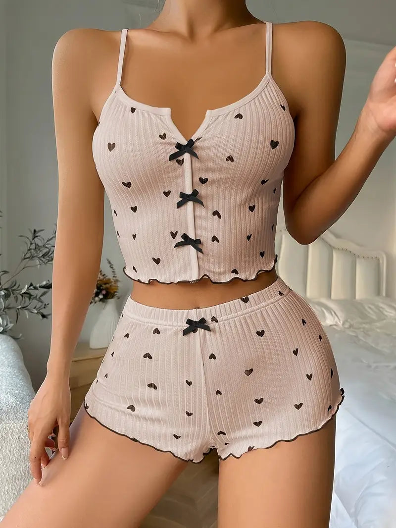 Women's Heart Print Ribbed Pajama Set - Crop Top & Shorts