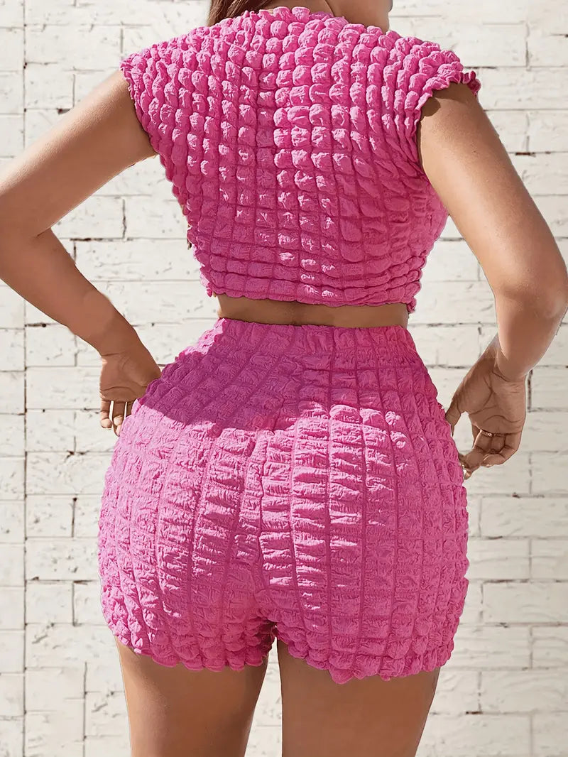 Ensemble Chic de Top Court et Shorts Couleur Popcorn - Taille Haute, Mélange de Polyester Extensible, Lavable en Machine - Idéal pour le Printemps/Été