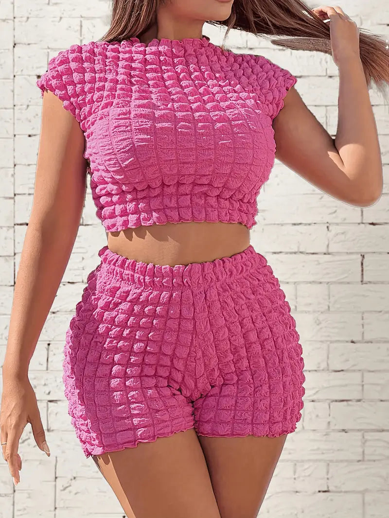 Ensemble Chic de Top Court et Shorts Couleur Popcorn - Taille Haute, Mélange de Polyester Extensible, Lavable en Machine - Idéal pour le Printemps/Été