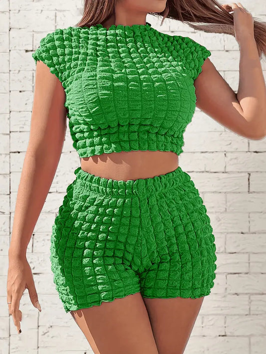 Ensemble Chic de Top Court et Shorts Couleur Popcorn - Taille Haute, Mélange de Polyester Extensible, Lavable en Machine - Idéal pour le Printemps/Été