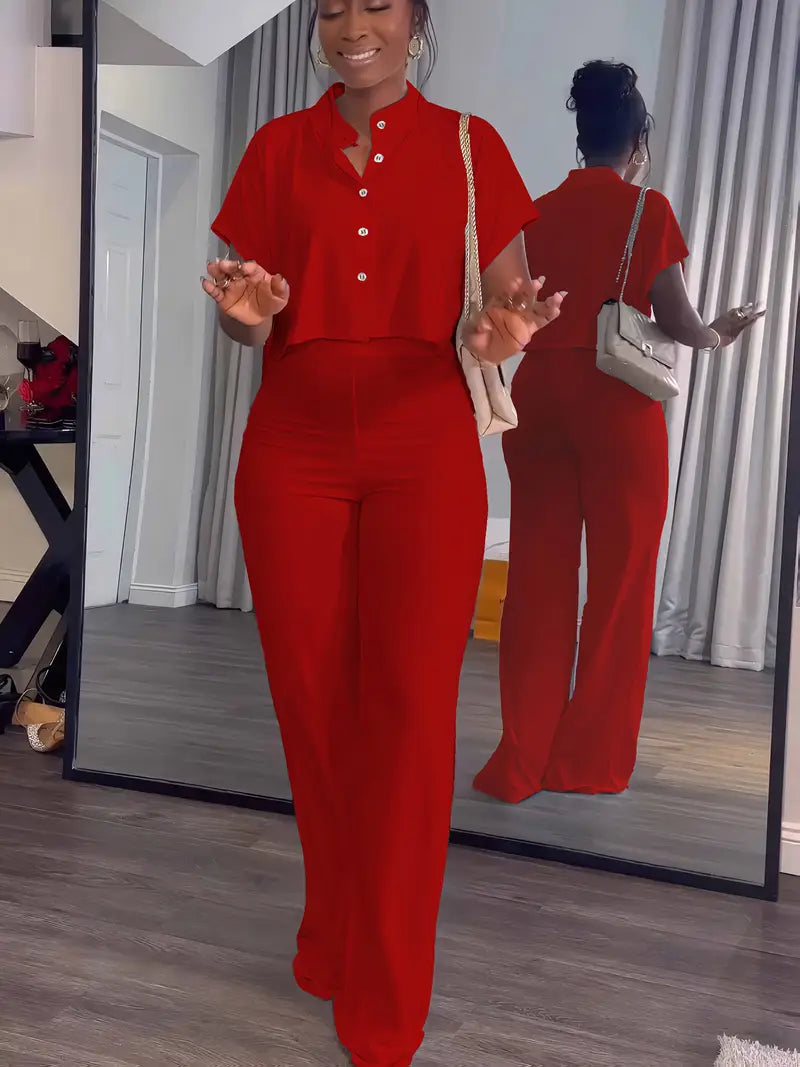 Women's Summer 2-Piece Set - Button Crop Top & Wide Leg Pants